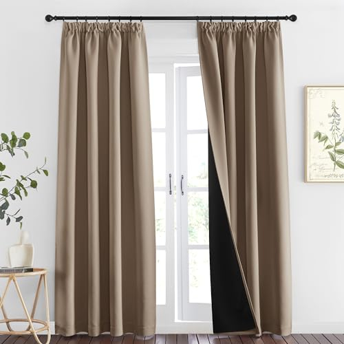 PONY DANCE Vorhang Blickdicht Kräuselband 2er Set H 260 x B 140 cm Doppellagige und Dicke Gardinen Lichtundurchlässig Thermo Vorhänge Hitzeschutz Verdunklunggardine Schlafzimmer, Cappuccino