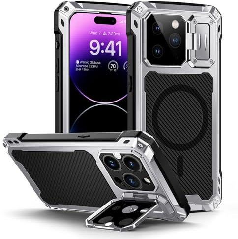 Lanhiem Magnetic iPhone 14 Pro Max Case, Tempered Glass Screen Protector & Camera Kickstand - Heavy Duty Shockproof Metal Tough Case for iPhone 14 Pro Max (Silver)