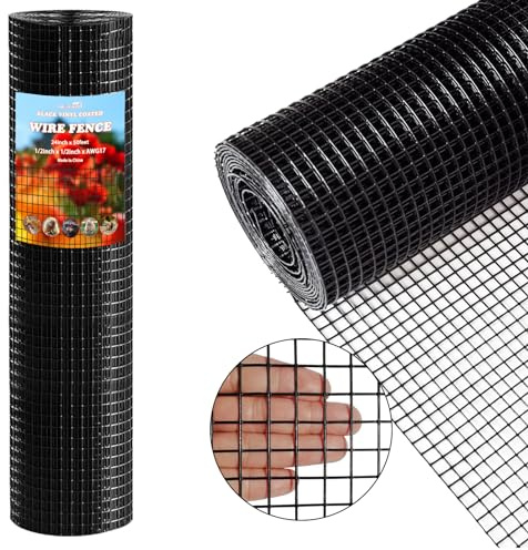 Thinkahead Black Hardware Cloth 1/2 inch 24 X 50 ft 19 Gauge Vinyl PVC Coated Wire Mesh Roll Galvanized Welding Chicken Wire Fencing, Garden Fence, Rabbit Wire, Home Improvement Project.