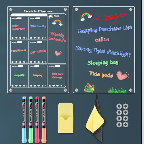 NAHRMY 2 PCS Magnetic Fridge Planner, Magnetic Acrylic Weekly Calendar for Fridge, 35cm x 25cm Clear Acrylic Magnetic Dry Erase Planning Boards for Refrigerator Planner for Menu, Meal, Memo