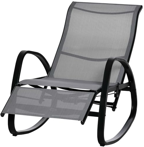 Outsunny Schaukelstuhl Schaukelliege mit Rückenlehne Fußstütze verstellbar Schwungliege Gartenliege bis 160 kg belastbar Texteline 90 x 64 x 96,5 cm Grau