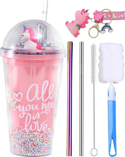 seelucky Einhorn-Reisebecher mit Strohhalm, Pailletten, Eis-Trinkbecher, Gefrierbecher, Kunststoffbecher für Picknick, Party, Geburtstag (Einhorn, Regenbogen-Rose, 8)