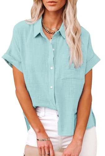 Womens Casual Cotton Linen Button Down Short Sleeve Shirts Solid Summer Beach Blouses Tops with Pocket Teal