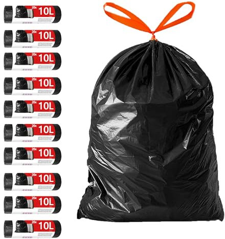 TARUNMO Heavy Duty Bin Bags for Bathroom Can, Garbage Bags Plastic Unscented, Small Rubbish Bags 10L with Tie Tape, Black Kirkland Bin Bags 45X50cm (100)