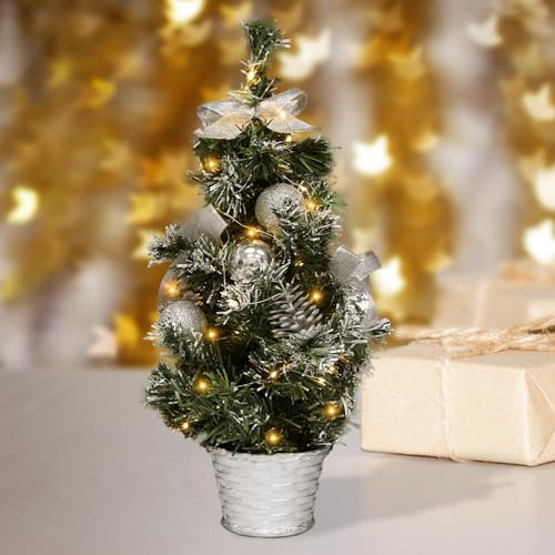 Mini Weihnachtsbaum, Künstlicher Weihnachtsbaum, 40 Cm Weihnachtsbaum Kleiner Weihnachtsbaum mit 20 LED-Lichtern, Tannenzapfen, Weihnachtskugeln, Verwendbar als Zuhause, Büro, Tischdekoration (Silber)