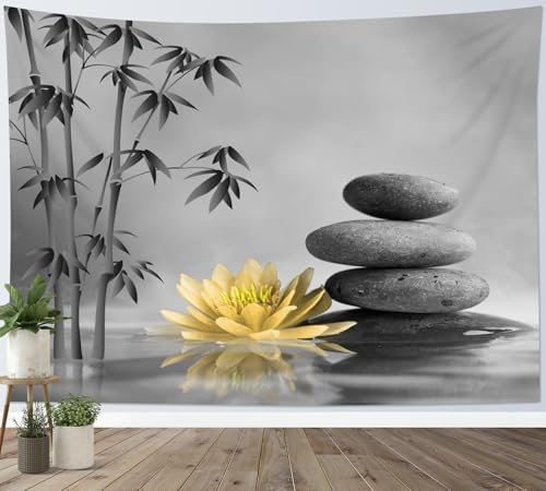 LB Zen Bamboo Tapestry Yellow Waterlily Flower Grey Stones Tapestry Wall Hanging Japanese Garden Spa Tapestries for Living Room Bedroom Dorm Wall Decor,92x70 inch