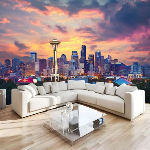 JEDTAKCT Wallpaper Papier Peint Panoramique Vue De La Ville De Seattle Et Du Coucher De Soleil 350X256Cm Poster Geant Mural 3D Tapisserie Peinture Murale Papier Peint 3D Fresque Salon Chambre