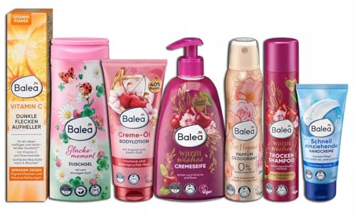 Balea 7-tlg Set: Gesichtscreme, Duschgel, Bodylotion, Cremeseife, Deospray, Trockenshampoo, Handcreme