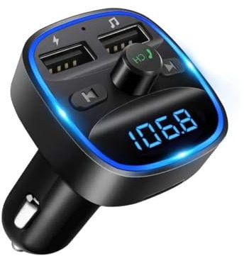 Transmisor FM Bluetooth Coche, Manos Libres Adaptador Bluetooth Radio Coche, Inalámbrico Reproductor MP3 Mechero Coche, Puertos USB Duales (5V/2.4A & 1A), Soporte Unidad Flash USB y Tarjeta TF