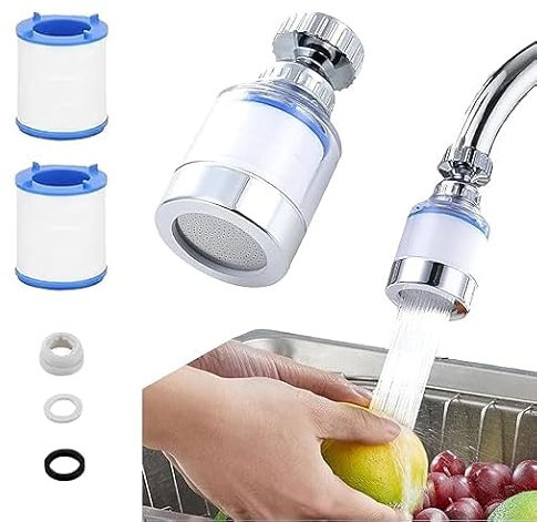 Filtre à Eau pour Robinet 360°,Filtre à Eau pour Robinet avec 2 Éléments Filtrants Interchangeables en Coton,Détartreur de Robinet pour la Cuisine,L'évier,la Maison et la Salle de Bain