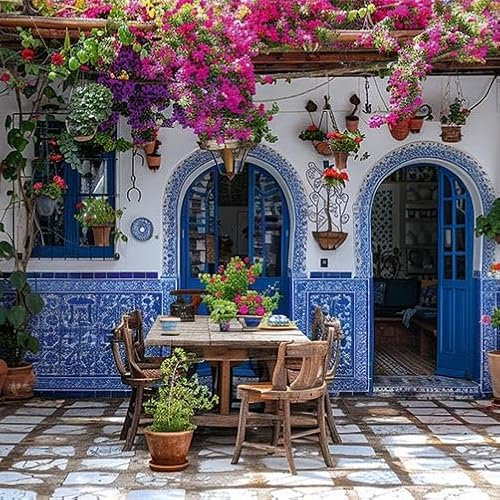 TRIOSK Sichtschutz Garten Dekoration Plane groß mit Motiv Landhaus Terrasse Mediterran Motivbanner Blickdicht für Terrasse Zaun Gartenzaun Gartenposter PVC Zaunblende 600x200 cm