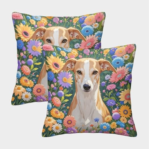 EMYXPAQM Kissenbezug Windhund Bunte Blumenfeld 2er Set, Zierkissenbezüge, Kuschelkissen, Für Sofa, Couch, Wohnzimmer, Dekoration 40x40cm