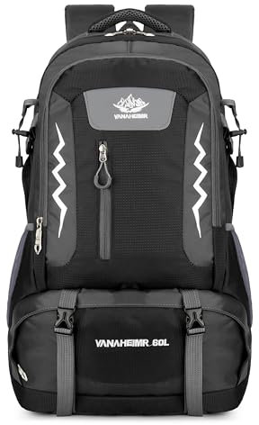 Wanderrucksack Herren Damen 60L Groß Wasserdicht Outdoor Rucksack Wandern Leicht Bergrucksack Faltbarer Radfahren Reisen Sport Business Casual (Stil 4-Schwarz)