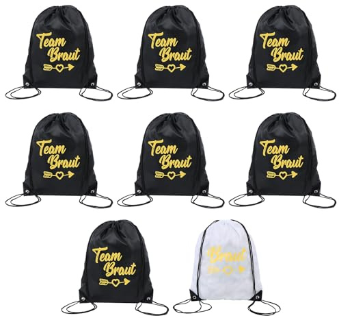 LEKEFETO 8 Stück Team Braut Turnbeutel Set – JGA Rucksack Damen mit Kordelzug – Braut Beutel Hochzeit Party – Schwarz & Weiß 42x34cm für Junggesellenabschied Brautparty
