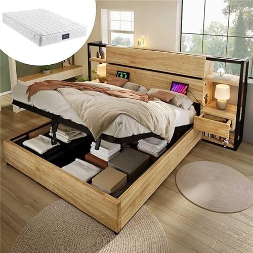 Doppelbett Bettanlage 160x200 mit Matratze and Nachttisch,Stauraum Kopfteil mit Schubladen und USB Type-C-Ladefunktion,Hydraulisch Stauraumbett Holzbett Bettgestell Jugendbett Erwachsenenbett, Eiche