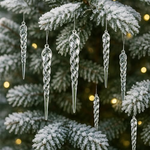24 Stück Christbaumschmuck Eiszapfen Anhänger, Acryl Christbaumschmuck Eiszapfen, Hängend Mit Silber Weihnachtsseil, für Weihnachten, Party Hochzeit Dekoration