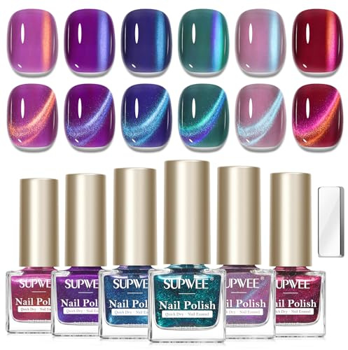 SUPWEE Cat Eye Nail Polish Set, 6 Colour Cateye Magnetic Nail Polish | Blue Purple Green Shimmer Holographic with Magnet Quick Dry Manicure DIY Nails Art Salon Home Gift for Women Girls