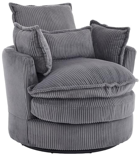 Karl home Swivel Accent Chair, Round Barrel Cuddle Tub Armchair Small Single Sofa with 360° Rotating Metal Base & 3 Pillows for Living Room, Bedroom, Lounge, Reading Room, Grey