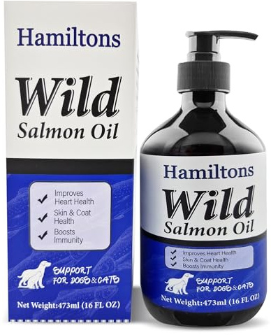 Hamiltons Wild Salmon Oil for Dogs & Cats Pure Natural Omega-3 Supplement | With EPA, DHA & Vitamin E Promotes Healthy Skin, Shiny Coat, Immune,Joint & Heart Support , Liquid Fish Oil for All Breeds