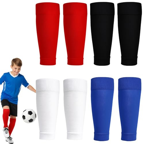 4 Paar Fussballstutzen Kinder 4 Farben Lange Stutzen Ohne Socken Kinder Dehnbare Atmungsaktive Fußball Sleeves, Stulpen für Jungs,Fußball Basketball Laufen und Radfahren Marathon Schwarz/Weiß/Blau/Rot