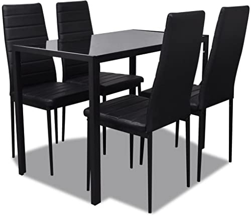 Hoopleep Ensemble de table et chaises 5 pièces en cuir synthétique noir, design moderne avec verre trempé, rembourrage confortable, idéal pour la salle à manger et la cuisine, peu encombrant