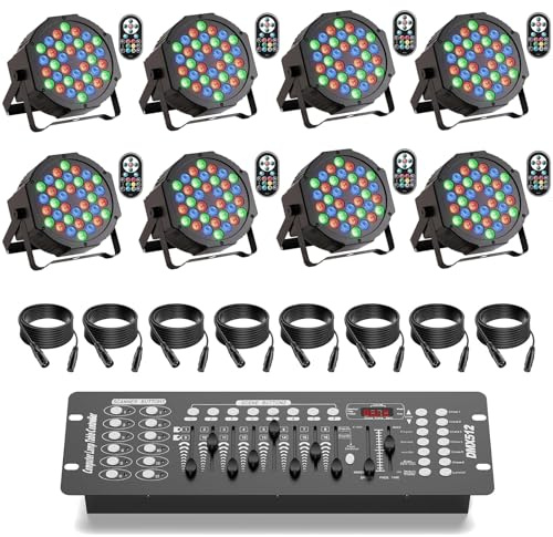 SKSBTF 8PCS LED Par Strahler mit DMX Controller und DMX Kabel, 72W Bühnenlichter mit Fernbedienung, Discolicht Partylicht 9 Modi Scheinwerfer Beleuchtung für Bar Club Show Hochzeiten Weihnachten