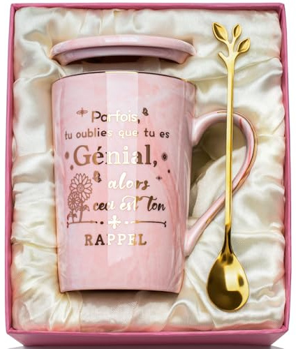 Cadeau Femme, Cadeau Anniversaire Femme Tasse 400ml, Rosa Mug Marbré Céramique, Cadeaux Anniversaire Femm-e, Cadea-u Personnalisé Femm-e pour Collegue Amie Soeur Maman, vec Cuillère, Boîte, Carte