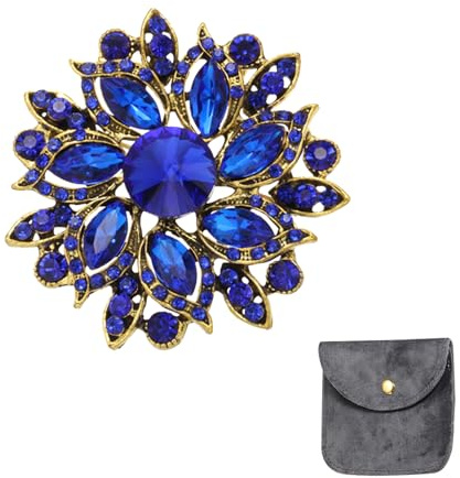 QUARKZMAN Broche Vintage En Cristaux Et Strass Pour Femmes 2.1 Pouces Bleu | Épingle Fleur En Alliage Pour Écharpes Robe Chapeau Costume Mariage