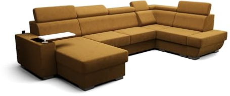 O-Sofa Wohnlandschaft Kongo RBN20, Eckcouch in U-Form mit Schlaffunktion, Farbe: Gelb, Velourstoff, Ottomane Links