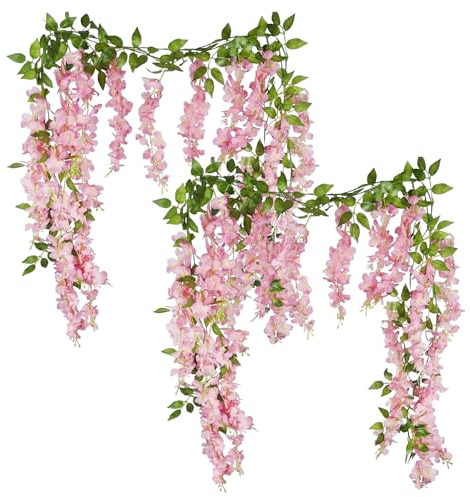 TZMFHD Artificial Hanging Flowers, Wisteria Garland with Vines, Two Pieces of Pink Silk Wisteria Artificial Flowers for Wedding Arch Decorations and Garden Party Displays, Measuring 190 by 55 cm