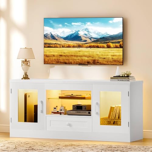 Dripex 106CM Modern LED TV Stand Cabinet Fits 55/60/65 Inch TVs with RGB Lights & Drawers for PS5, Entertainment Center for Living Room Bedroom White