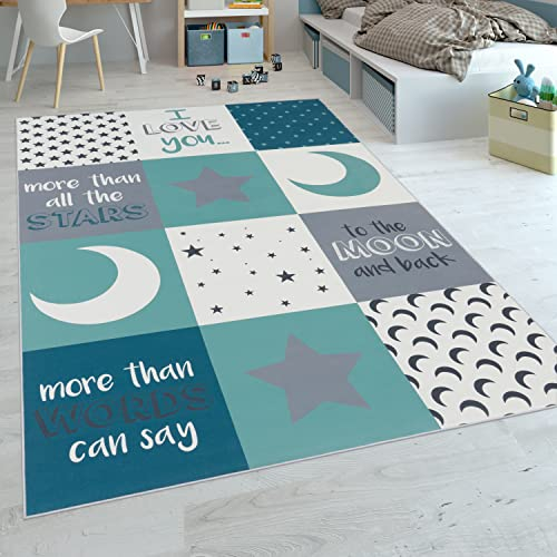 Paco Home Kinderteppich Kinderzimmer Jungen Herzen Sterne Mond Spruch Blau Grau, Grösse:120x160 cm