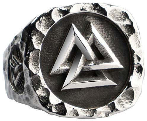 ForFox Vintage Schwarz Titan Edelstahl Wikinger Valknut Ring Dreieck Ring Siegelring mit Nordische Vegvisir Kompass für Herren Damen Größe 54