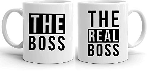 The Real Boss - Tassen Kaffeetassen 2er Set Hochzeitsgeschenk Kaffeebecher Set, Hochzeit Valentinstag Pärchen Ehepaar Freunde, Farbe:Weiß