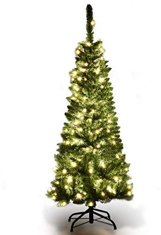 COSTWAY Arbol de Navidad Slim/Estrecho135cm, 150 Luces LED Blanco Cálido, Agujas en PVC de 226 Ramas, Arbol de Navidad con Luces Incorporadas, Arvore de Natal Hogar Fiesta Interior(135 cm)