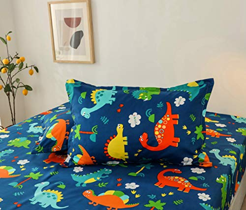 Chickwino Cartoon Dinosaurier Spannbettlaken, Kind Cartoons Drucken Spannbetttuch Boxspringbett, Weiche Spannbettlaken Matratzenschoner für Bettw Sche, Steghöhe bis 30cm (2er Set Kissenbezug)
