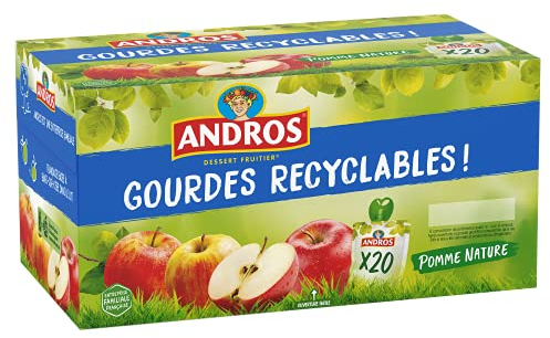 ANDROS - Compote de Fruit - Gourde Recyclable - Allégé - Goût Pomme - Idéal pour le Goûter des Enfants - 20 Unité (Lot de 1)