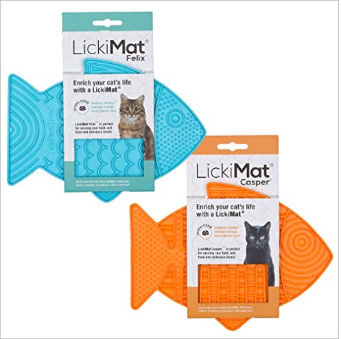 LickiMat Casper & Felix, Fish-Shaped Cat Slow Feeders Lick Mat, Boredom Anxiety Reducer; Perfect for Food, Treats and Anxiety Reduction. (Orange & Turquoise, Casper & Felix)