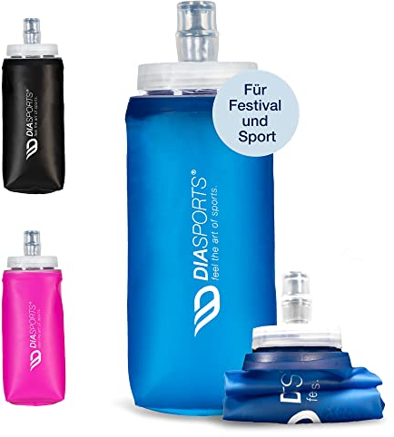 Diasports Faltbare Trinkflasche Festival & Sport | BPA-Freie Sportflasche FLASKY mit extra großer Öffnung | Deine Soft Flask für Unterwegs | Blau 300ml