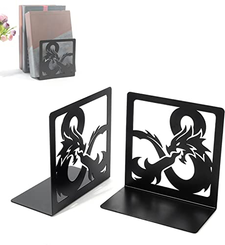 Kisbeibi Buchstützen mit Drachen-Design, schwarzes Metall, Bücherstützen für Bücher, CDs, dekoratives Bücherregal für Zuhause