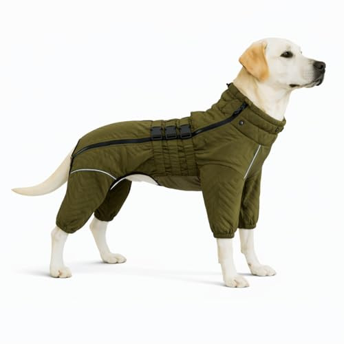 Warmer Hundemantel, doppellagige Hundeweste, Vier Beine bedeckt, Winddicht, wasserdicht, reflektierende warme Hundeweste, Outdoor-Schlittschuhkostüm für kleine, mittlere und große Hunde. Olive 4XL