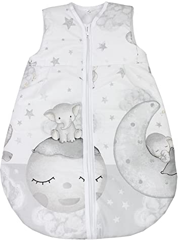 TupTam Schlafsack Baby - Wärmender Ganzjahresschlafsack 2.5 TOG, OEKO-TEX, Ärmellos, Farbe: Mond mit Elefant/Grau, Größe: 104-110
