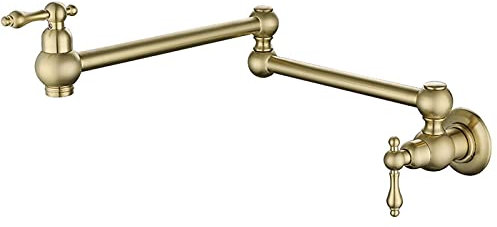 Rubinetto per Riempimento Pentole, Rubinetto da Cucina in Ottone A 2 Maniglie A Parete, Rubinetti Singolo Freddo Pieghevole con Rotazione A 360 °, con Bracci Oscillanti A Doppio Snodo,Brushed Gold