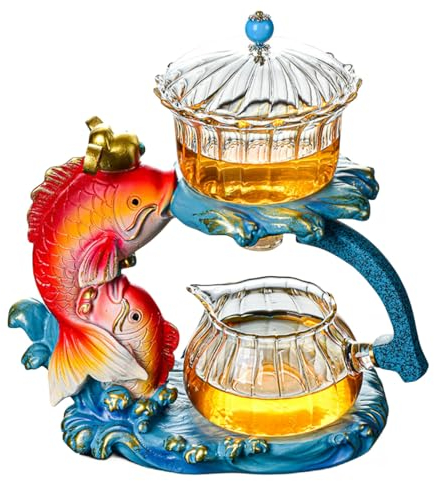 Mozeo Creative Full Semi-automatic Tea Set Glass Lazy Kung Fu Teacup set Heat-resistant Tea Maker Pot Teapot (Fish Teapot A)