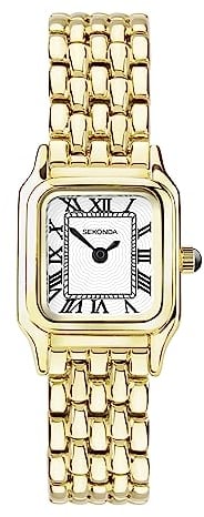 Sekonda 40144 Damen-Armbanduhr, analog, achteckig, goldfarben, weißes Zifferblatt mit römischen Ziffern, Gold, Armband