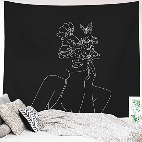 Miytal Art Line Ästhetischer schwarzer Wandteppich, einfache Frauen mit Blume, Schmetterling, Wandbehang, modern, minimalistisch, abstrakt, kreative Skizze, Wanddekoration für Wohnheim, Schlafzimmer,