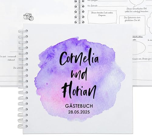 Feenstaub Gästebuch Hochzeit vorgdruckte Fragen zum Ausfüllen, lustiges Hochzeitsgästebuch personalisiert mit Namen des Brautpaares, Ringbuch 25x25 cm rosa, lila, mint