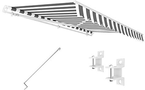 Eclipse Gelenkarmmarkise Economy 3x2,5m mit Handkurbel Markise Sonnenschutz Balkon Terrassenüberdachung Markisenstoff 280g/m² Polyester (PE) inklusive UV-Schutzfaktor 50+, Markisentuchfarbe: Grau-Weiß