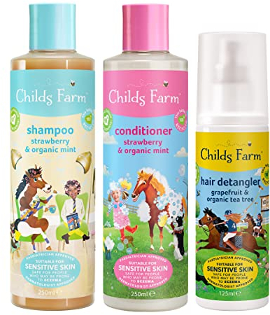 Childs Farm | Kids Hair Regime Bundle Strawberry & Organic Mint Shampoo 250ml and Conditioner 250ml & Grapefruit Tea Tree Detangler 125ml Suitable for Dry, Itchy Eczema-Prone Skin, 3 Piece Set