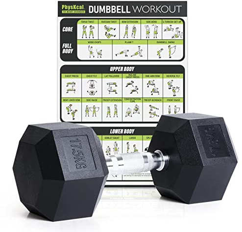 PhysKcal Hexagon Hanteln Poly-Gummierte | 17,5 kg 1 Stück | Rutschsicher Ummantelt | Ergonomische Verchromte Griffe | Kurzhantel-Set | Dumbbells Set